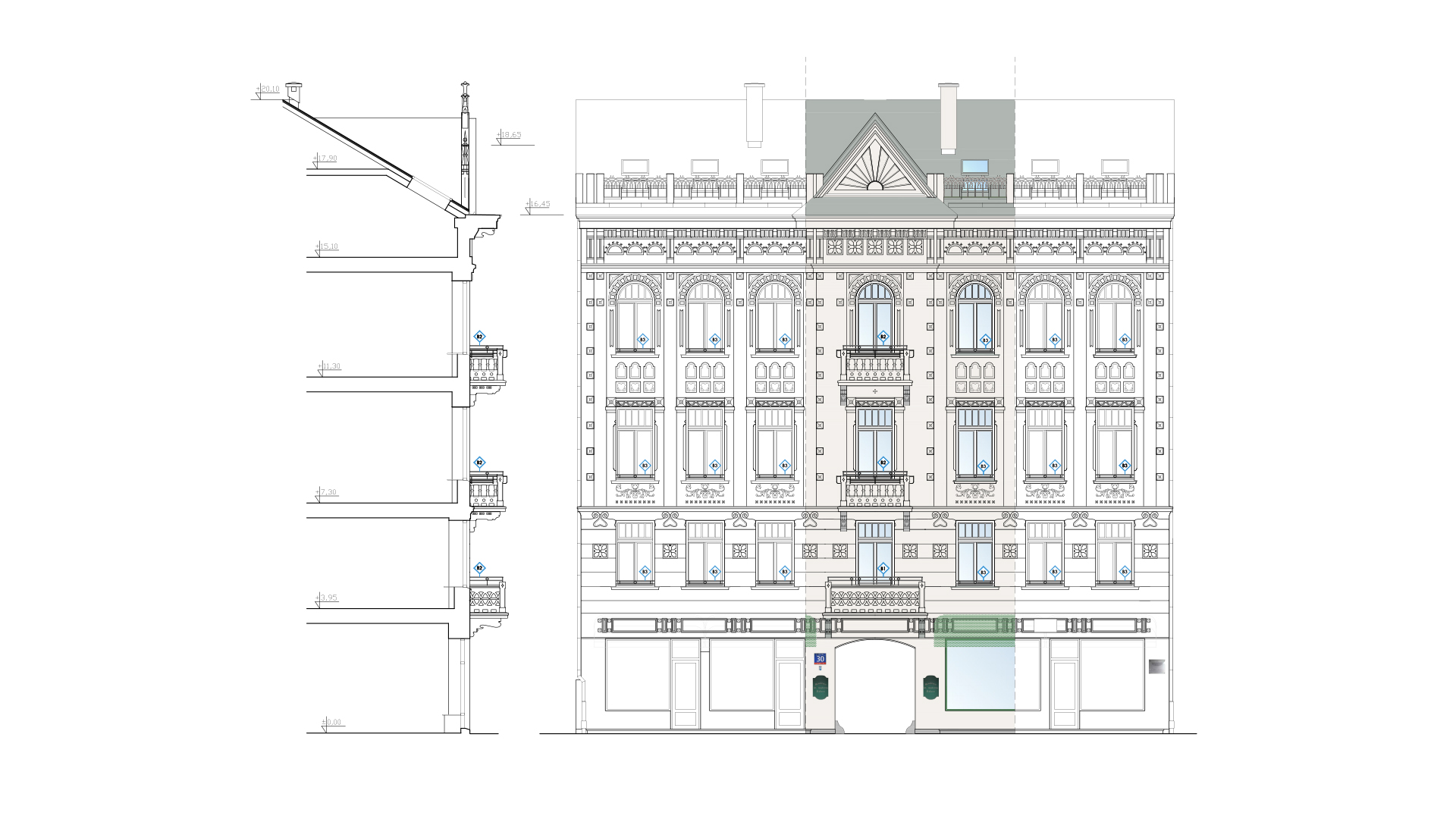 Drawing facade elewacja fasada rysunek architektoniczny kamienica chmielna 30